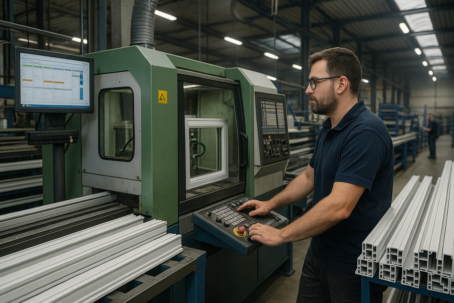 Fertigung bei einem Fensterbauer – CNC-Bearbeitungszentrum, Profile und digitaler Monitor